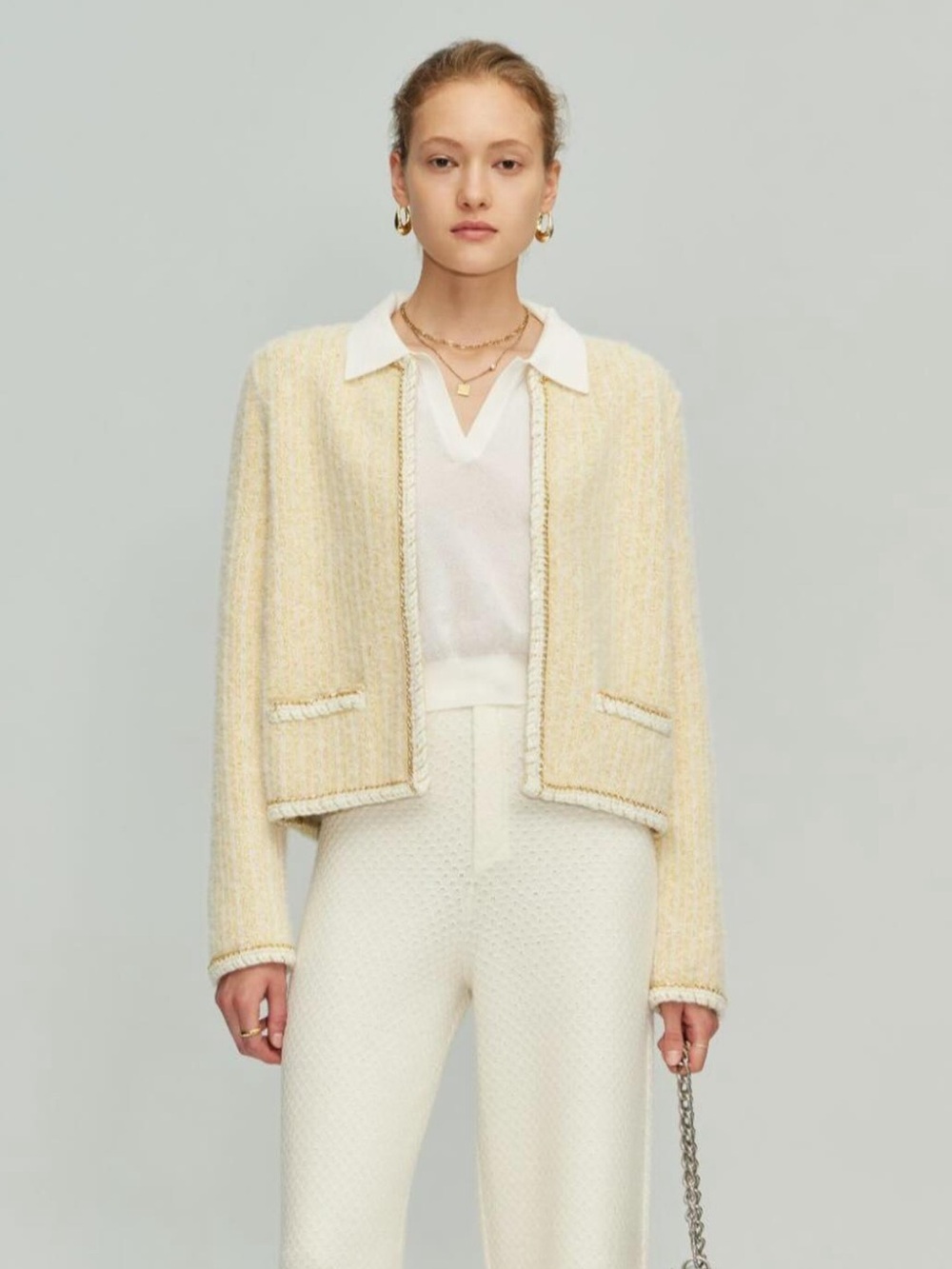 Crush collection boucle tweed butter yellow Celine cardigan suit jacket XS *